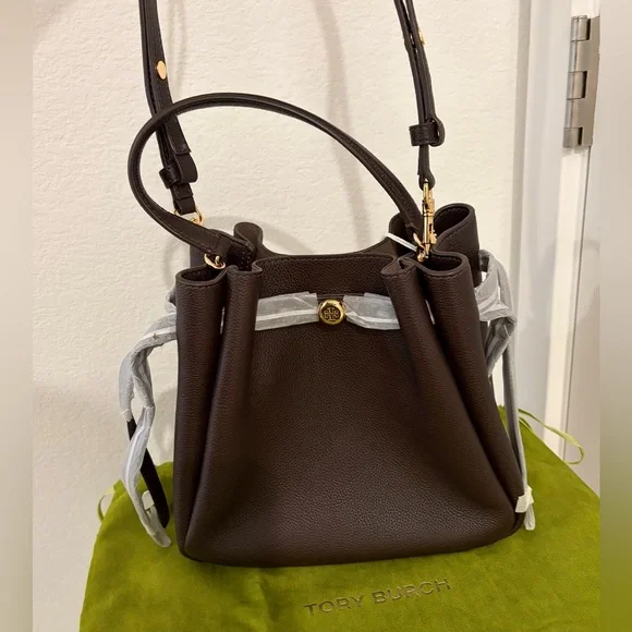 NWT Tory Burch Romy Pebble Leather Bucket Bag (Deep Brown) - Picture 2 of 4